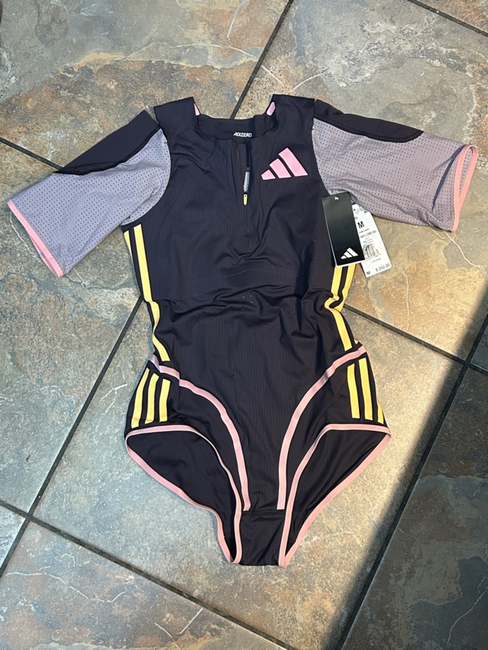 adidas Women Black One-Piece Swimsuit/leotard with Pink and Yellow Accents  SZ M